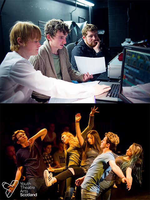 Nick with a two technicians working through notes on the laptop in the lighting box. Underneath is a photo of 5 actors in a shape like an explosion, with the audience behind